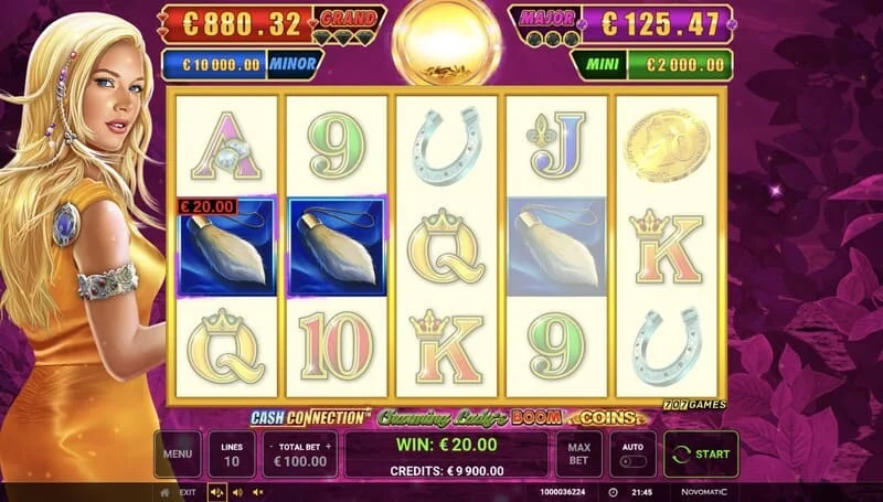 Cash Connection - Charming Lady's Boom Coins - หน้าจอพื้นฐานพร้อมการชนะรางวัลตามเส้นจ่าย