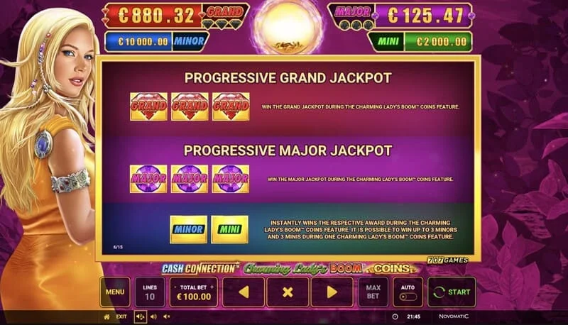 Cash Connection - Charming Lady's Boom Coins - ตาราง Jackpot ของ Mini, Minor, Major และ Grand